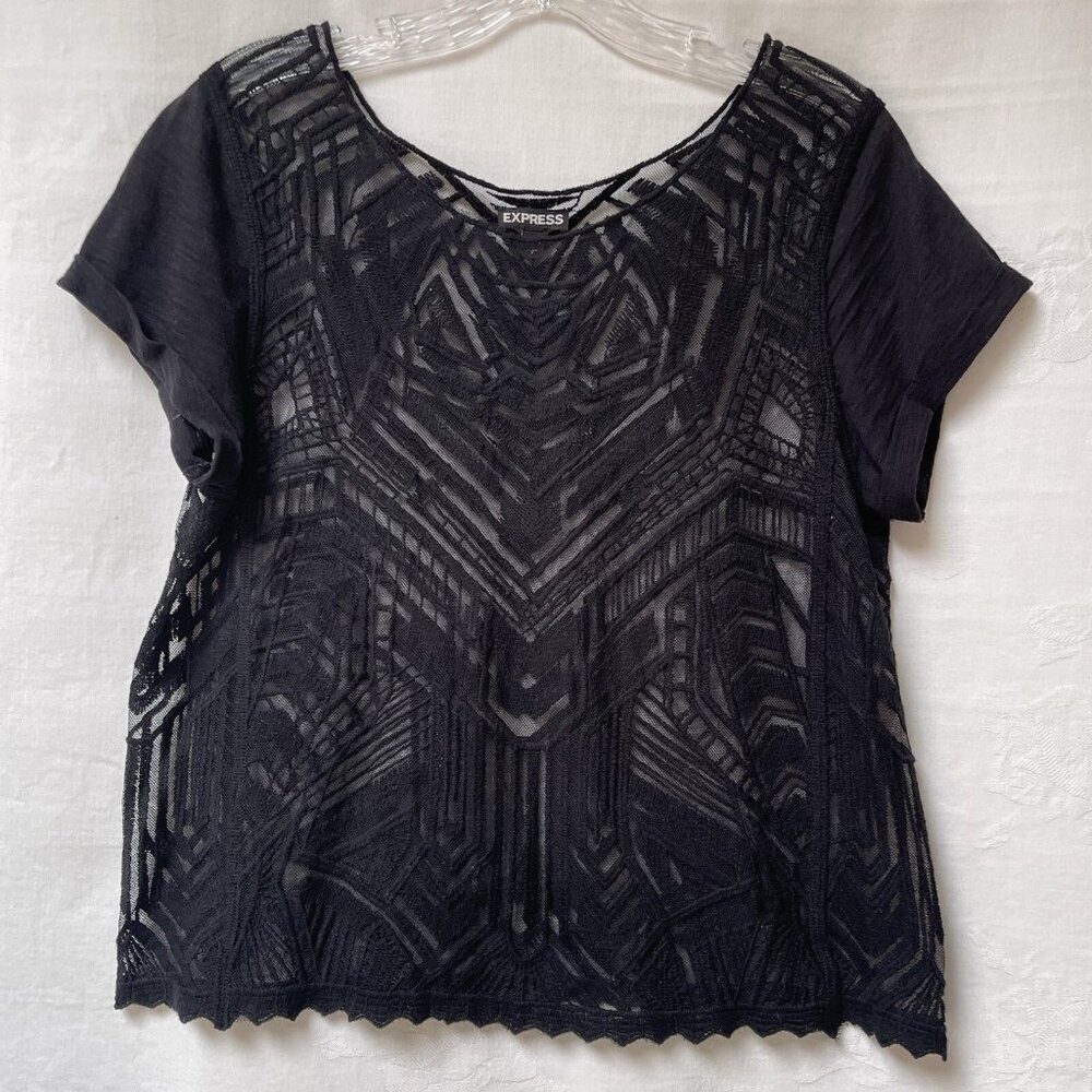 Express Blouse Womens Small Black Sheer Lace Sheer‎ Short Sleeve Fairy whimsy